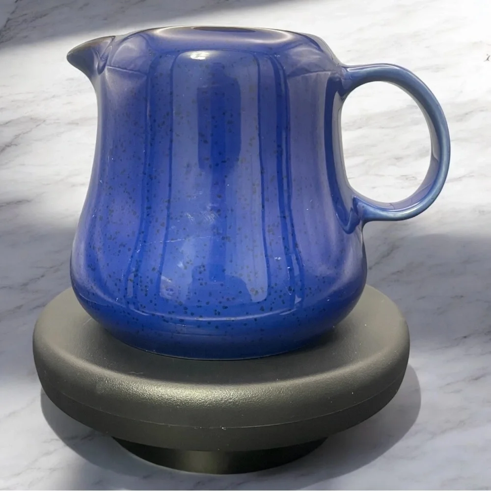 IKEA Fargrik Pitcher Dark Blue 4” Jug Creamer 15199 Brown Rim Black Speckles
